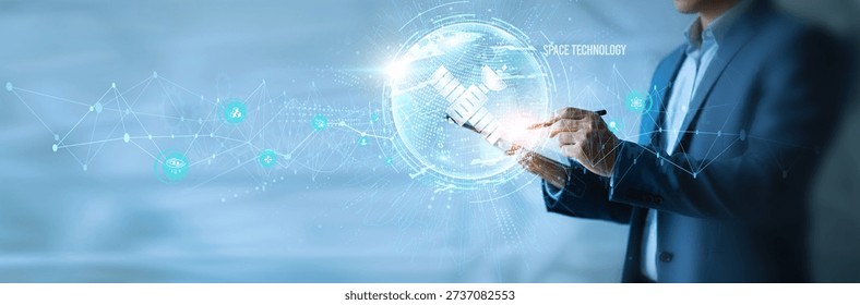 Businessman using tab space technology icon with global network. Satellite systems, aerospace innovation, interstellar communication, exploration technology, propulsion systems