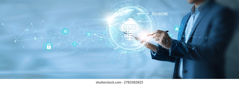 Businessman using tab web hosting icon with global network. Server management, domain services, cloud hosting, website deployment, uptime optimization