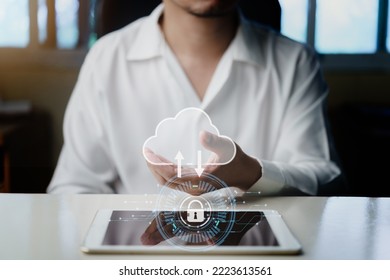 Businessman using Tablet access window with login and user password on virtual screen. Cyber security and personal data protection,safety network online, safe system computer concept.