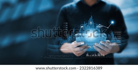 Businessman using tablet analyzing business growth graph data and progress, compass of navigate guiding market direction. Investment, banking and finance, business strategy. Global economy.