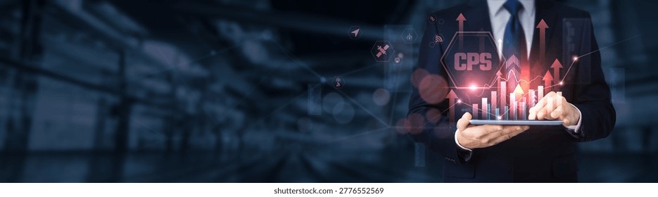Businessman using a tablet for analyzing CPS data and information, smart systems, IoT integration, industrial automation, technology innovation, connected devices.