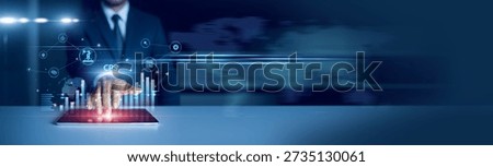 Businessman using tablet analyzing CPS and growth graph chart, cyber-physical systems. Smart integration. Real-time connectivity enhancing digital automation.