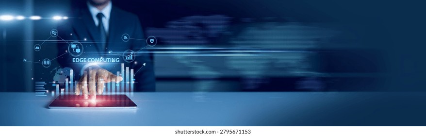 Businessman using tablet analyzing edge computing and growth graph chart, real-time processing, IoT data, cloud integration, decentralized network performance, digital transformation insights.