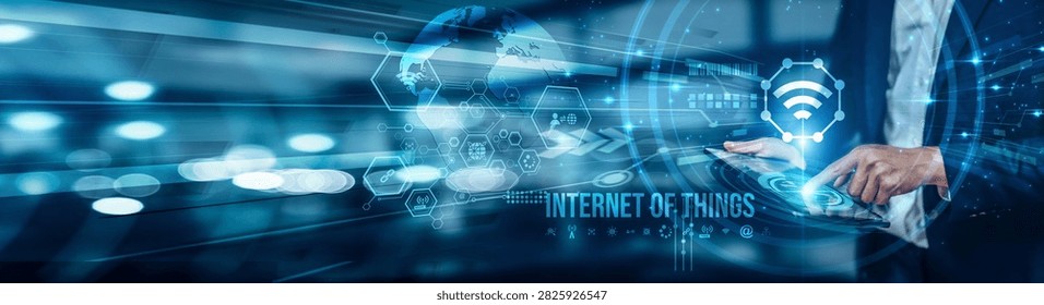 Businessman using tablet analyzing Internet of Things connectivity to monitor smart devices, collect real-time data, optimize operations, automation, improve decision-making, and drive digital growth.