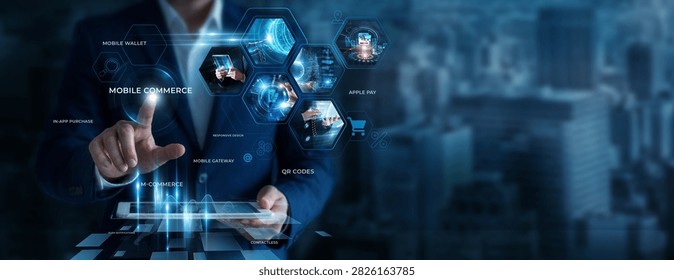 Businessman Using Tablet for Analyzing Mobile Commerce Data. Monitoring mobile transactions, improving online shopping experiences, analyzing customer behavior, digital commerce solutions.