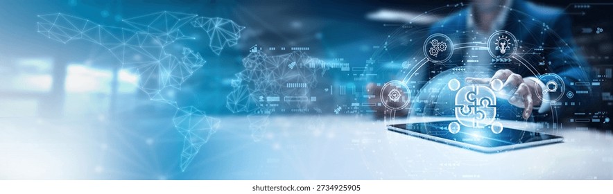 Businessman using tablet and analyzing teamwork data, collaborative task management, performance monitoring, productivity tracking, project coordination, team efficiency analytics.