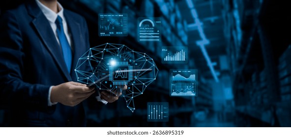 Businessman using tablet with artificial intelligence brain interface and data analytics dashboard in warehouse, representing AI-driven digital transformation in logistics and business operations.