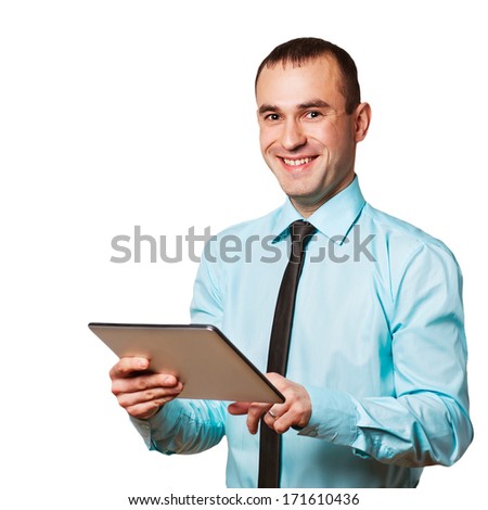 Businessman using a tablet computer - isolated over a white background