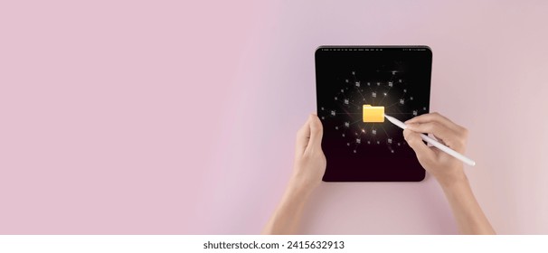 Businessman using tablet with database folder online to store files document data digital, Data files on computers stored as cloud databases can be viewed online, file storage process with security