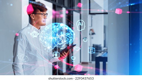 Businessman using tablet, digital hologram with AI brain and chat bot icons, artificial intelligence and blockchain. Concept of machine learning and information processing - Powered by Shutterstock - Get 15% off with code: PIKWIZARD15