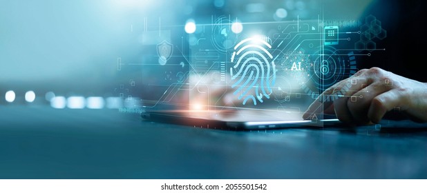 Businessman using tablet and fingerprint scanning unlock and access to business data network. Biometric identification and cyber security protect business transaction from online digital cyber attack. - Shutterstock ID 2055501542