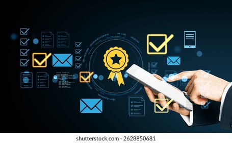 Businessman using tablet with glowing certification, checklist, and email icons, futuristic style on dark background, concept of quality control - Powered by Shutterstock - Get 15% off with code: PIKWIZARD15