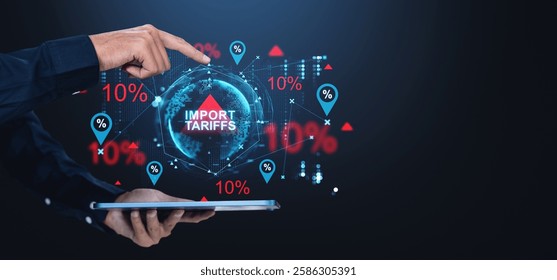 Businessman using tablet with import tariffs concept, showing 10 percent increase and red arrows, on dark background, symbolizing trade policy impact