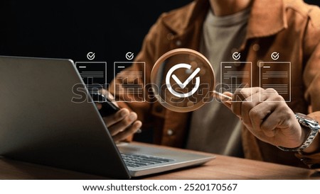  Businessman Using Tablet and Laptop to Work on Digital Electronic Document. Smart Document Audit Checklist, Standardization, Certification Management, Document Approval, Digital form.