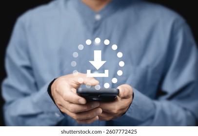 Businessman using tablet for loading data application. download bar digital business data website. Concept of waiting for loading bar.
