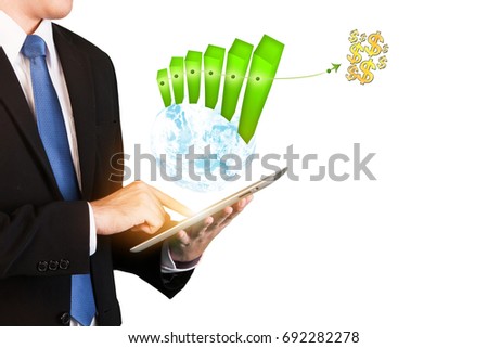 Businessman using tablet to make more money from worldwide business, Business success concept with step up bargraph on white background