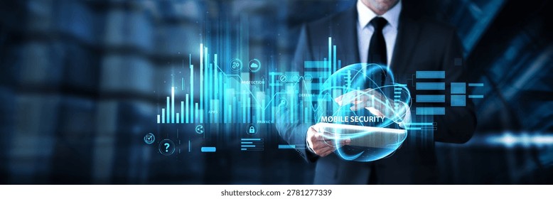 Businessman using tablet for mobile security data and network analysis, protecting devices, monitoring cyber threats, ensuring data privacy, and strengthening mobile protection systems.
