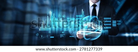 Businessman using tablet for mobile security data and network analysis, protecting devices, monitoring cyber threats, ensuring data privacy, and strengthening mobile protection systems.