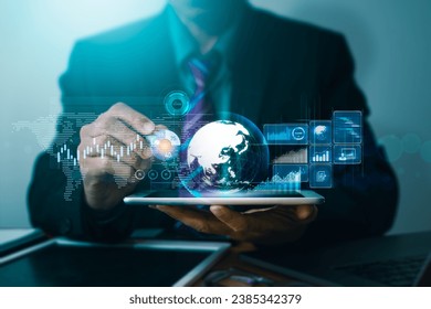 Businessman using a tablet to navigate through a virtual reality interface, on the display screen, a web of charts, graphs, and databases illustrates the global reach of data-driven management