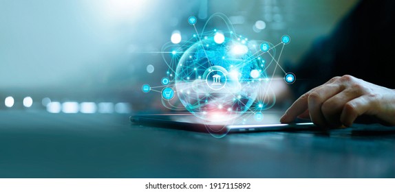 Businessman using tablet online banking and payment, Digital marketing. Finance and banking networking. Online shopping and icon customer network connection, cyber security. Business technology. - Shutterstock ID 1917115892