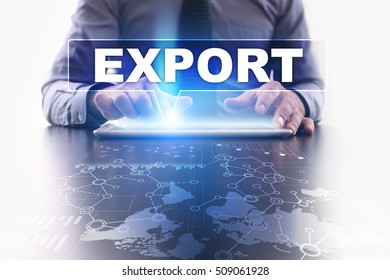 Businessman is using tablet pc, pressing on virtual screen and selecting export.
