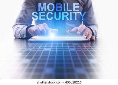 Businessman using tablet pc and select Mobile security.
