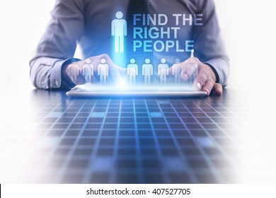 Businessman using tablet pc and select Find the right people. - Shutterstock ID 407527705