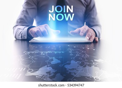 Businessman is using tablet pc and selecting join now.
