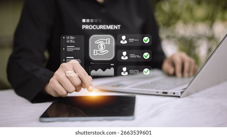 Businessman using tablet with procurement interface, symbolizing supplier selection, contract management, and business purchasing process.