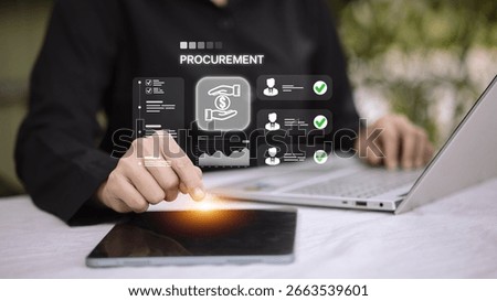 Businessman using tablet with procurement interface, symbolizing supplier selection, contract management, and business purchasing process.