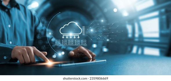 Businessman using tablet to transfer data on cloud computing, seamless data transfer and strong internet security, server based communication on social networks, servers and storage.