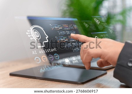 Businessman using tablet write AI code,Train artificial intelligence assistant for software development, Automation, Smart programming, modern technology improving productivity, Efficient digital work
