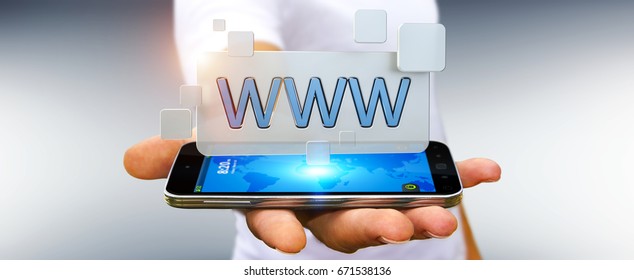 Businessman using tactile interface web address bar to surf on internet 3D rendering