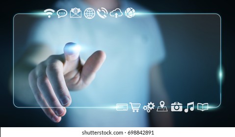 Businessman using tactile interface web address bar to surf on internet 3D rendering