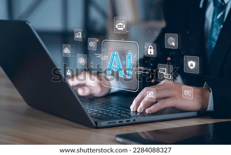 businessman using technology AI for working tools. Chat bot Chat with AI, using technology smart robot AI, artificial intelligence to generate something or Help solve work problems.