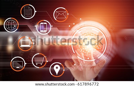Businessman using touching circle global network payments online shopping and icon customer connection on virtual screen, m-banking, multichannel and omni channel