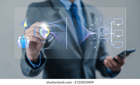 Businessman using virtual interface to activate VPN for secure data connection, encrypted communication, and network protection in digital cybersecurity environment. VPN, cybersecurity, secure