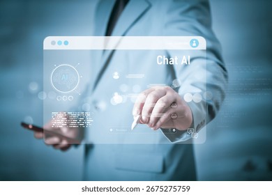 Businessman using virtual interface with Chat AI technology, artificial intelligence, and digital innovation for communication, automation, and data solutions in modern business. - Powered by Shutterstock - Get 15% off with code: PIKWIZARD15