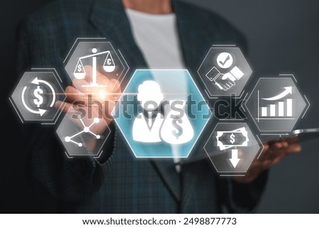 Businessman using a virtual interface with private equity icons, illustrating investment, finance, and growth concepts in a modern business environment.