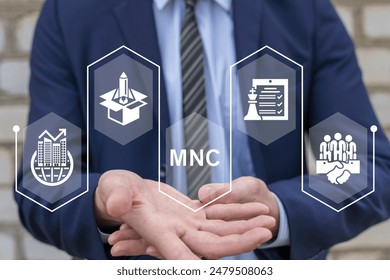 Businessman using virtual interface sees abbreviation: MNC. Multinational Corporation (MNC) business strategy concept. Standardizing products and services around the world to gain efficiency.