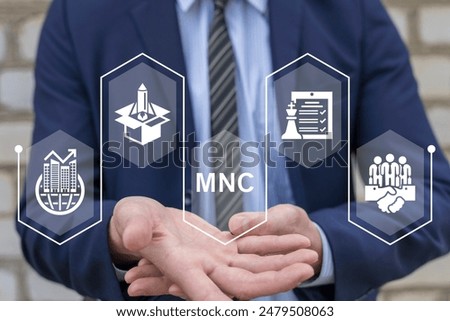 Businessman using virtual interface sees abbreviation: MNC. Multinational Corporation (MNC) business strategy concept. Standardizing products and services around the world to gain efficiency.
