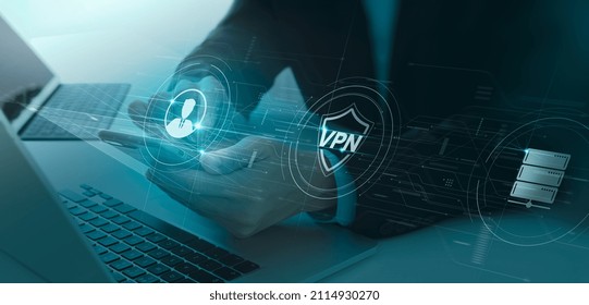 Businessman Using Virtual Private Network Technology On Smartphone Encrypted Tunnel To Remote Server On Internet To Protect Data Privacy Or Bypass Censorship.VPN Secure Connection Concept.