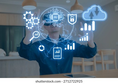 Businessman using virtual reality interface to analyze big data and AI analytics dashboard for digital transformation and future technology innovation