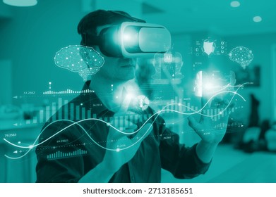 Businessman using virtual reality interface to analyze big data and AI analytics dashboard for digital transformation and future technology innovation