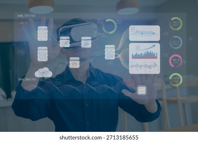Businessman using virtual reality interface to analyze big data and AI analytics dashboard for digital transformation and future technology innovation