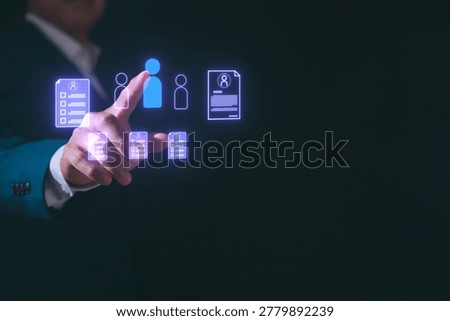 Businessman using virtual recruitment interface with digital search bar, employee profile selection, human resources management online hiring technology and modern HR analytics system.