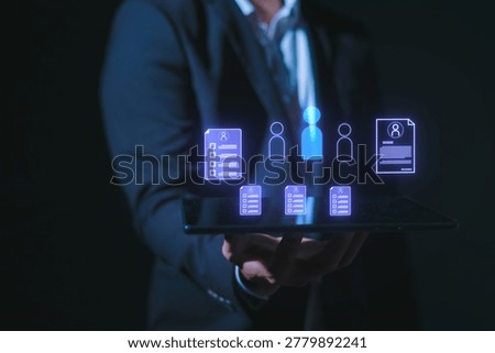 Businessman using virtual recruitment interface with digital search bar, employee profile selection, human resources management online hiring technology and modern HR analytics system.