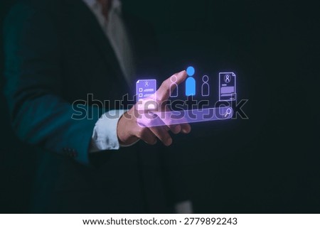 Businessman using virtual recruitment interface with digital search bar, employee profile selection, human resources management online hiring technology and modern HR analytics system.