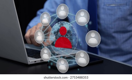 Businessman using virtual screen to select leader or boss among team members. Leadership and decision-making concept