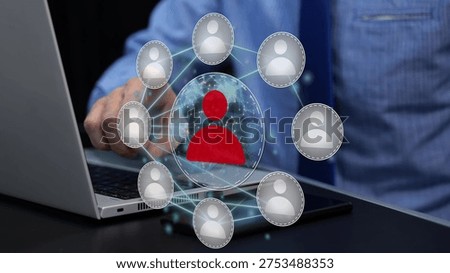 Businessman using virtual screen to select leader or boss among team members. Leadership and decision-making concept